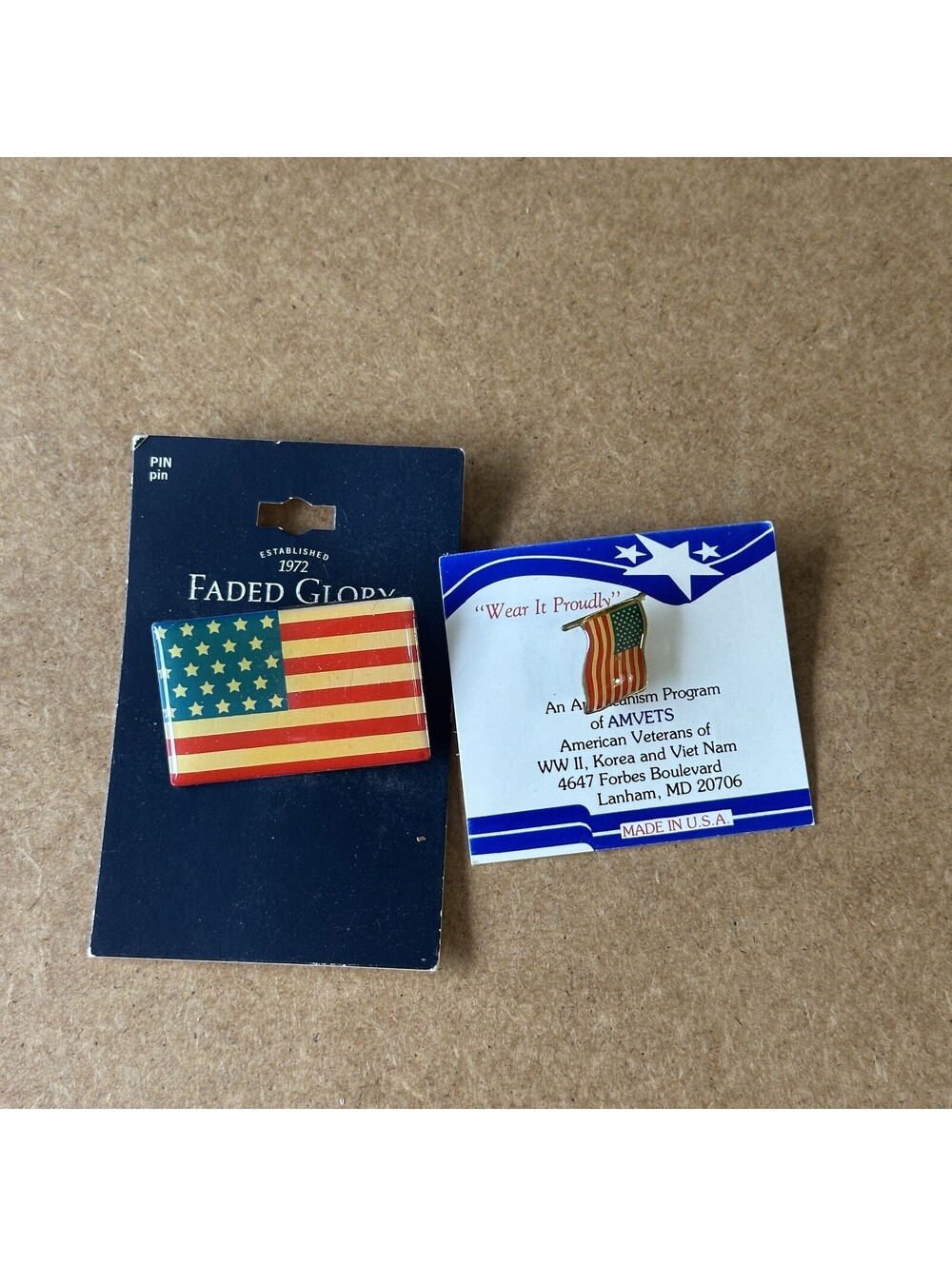 Lot of 2 American Flag Lapel Pins Faded Glory & AMVETS Patriotic Collectible
